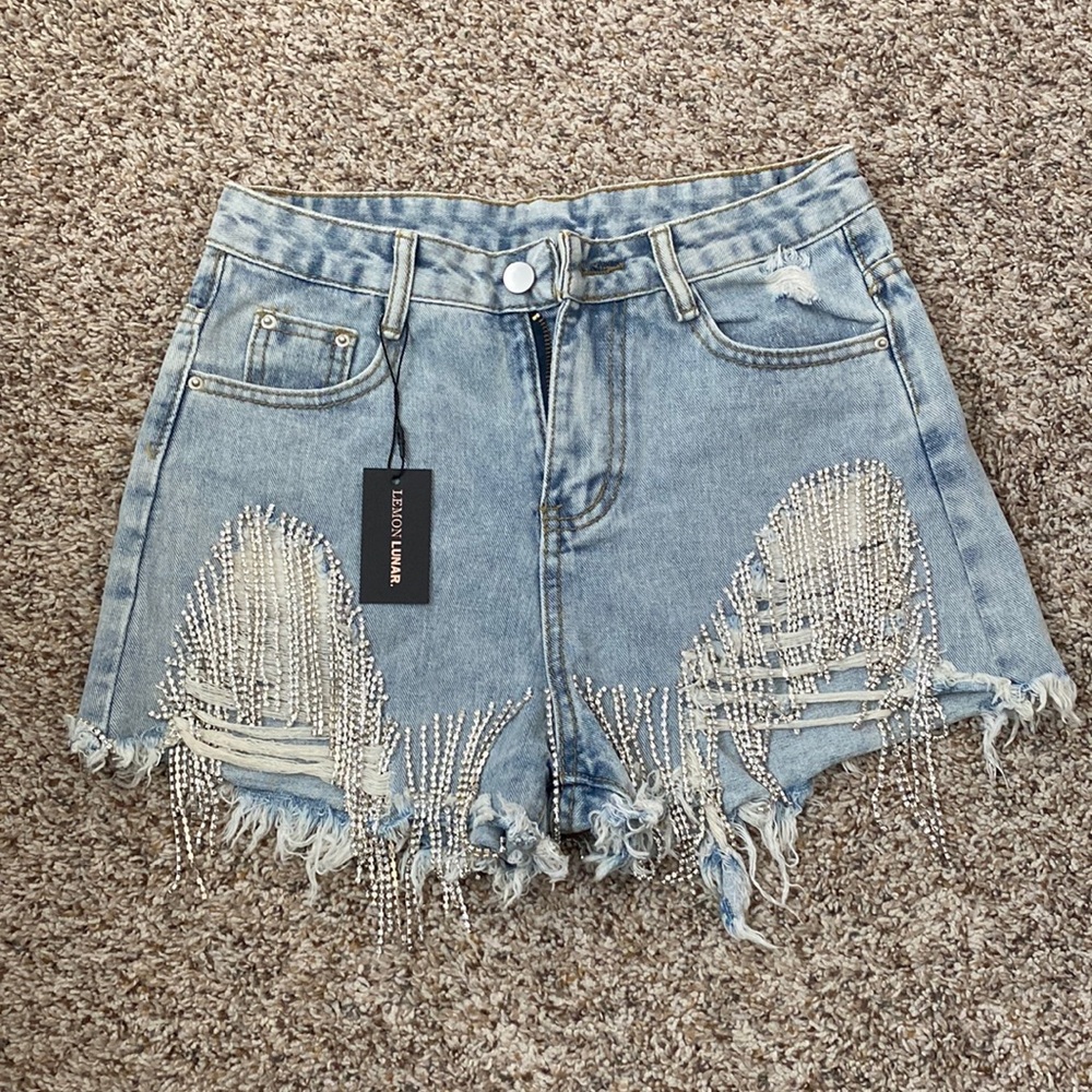 Embellished Light Blue Jean Shorts
